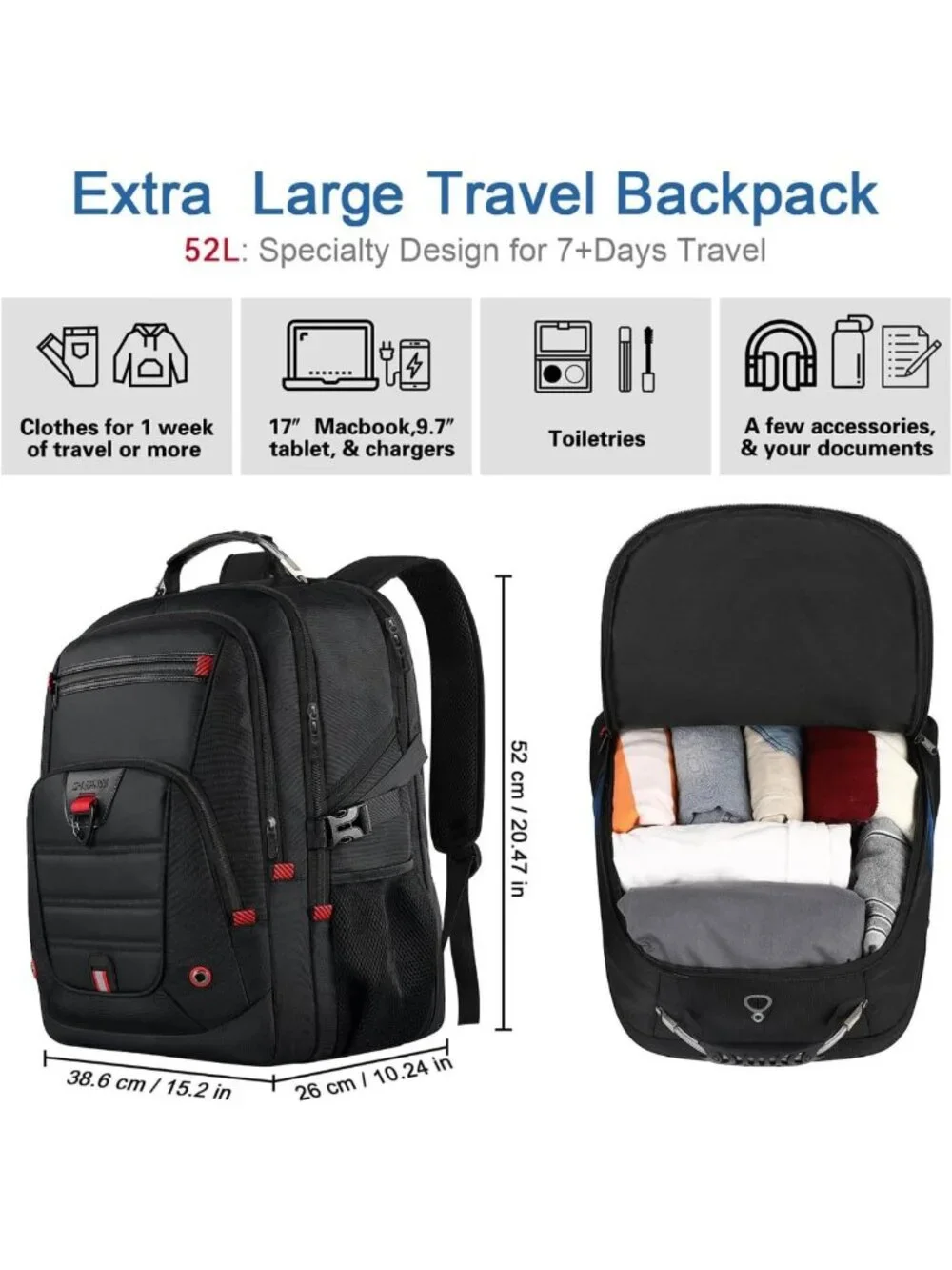 Extra Large 52L Travel Backpack for Men & Women, Fits 17.3